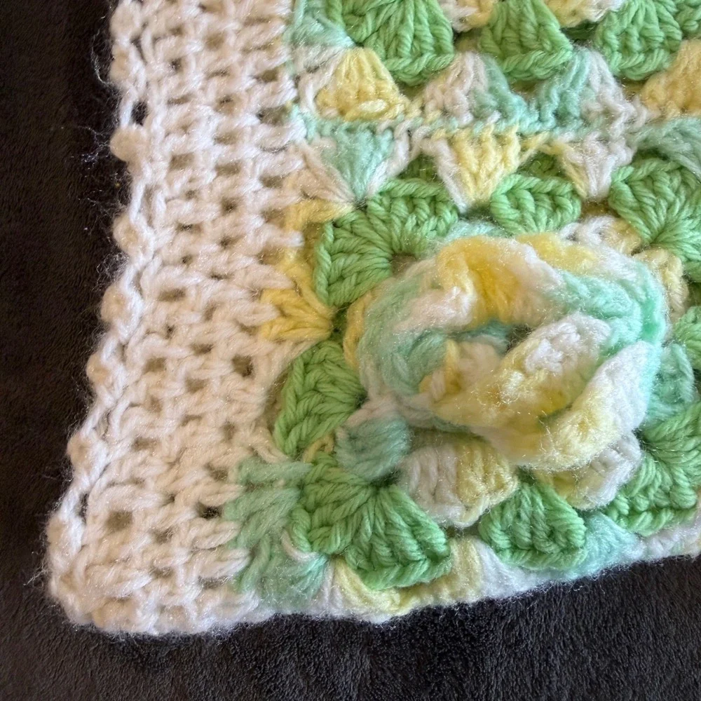 Handmade Crochet Baby Blanket Unisex 41x53 Granny Square 3D Floral Rose Afghan